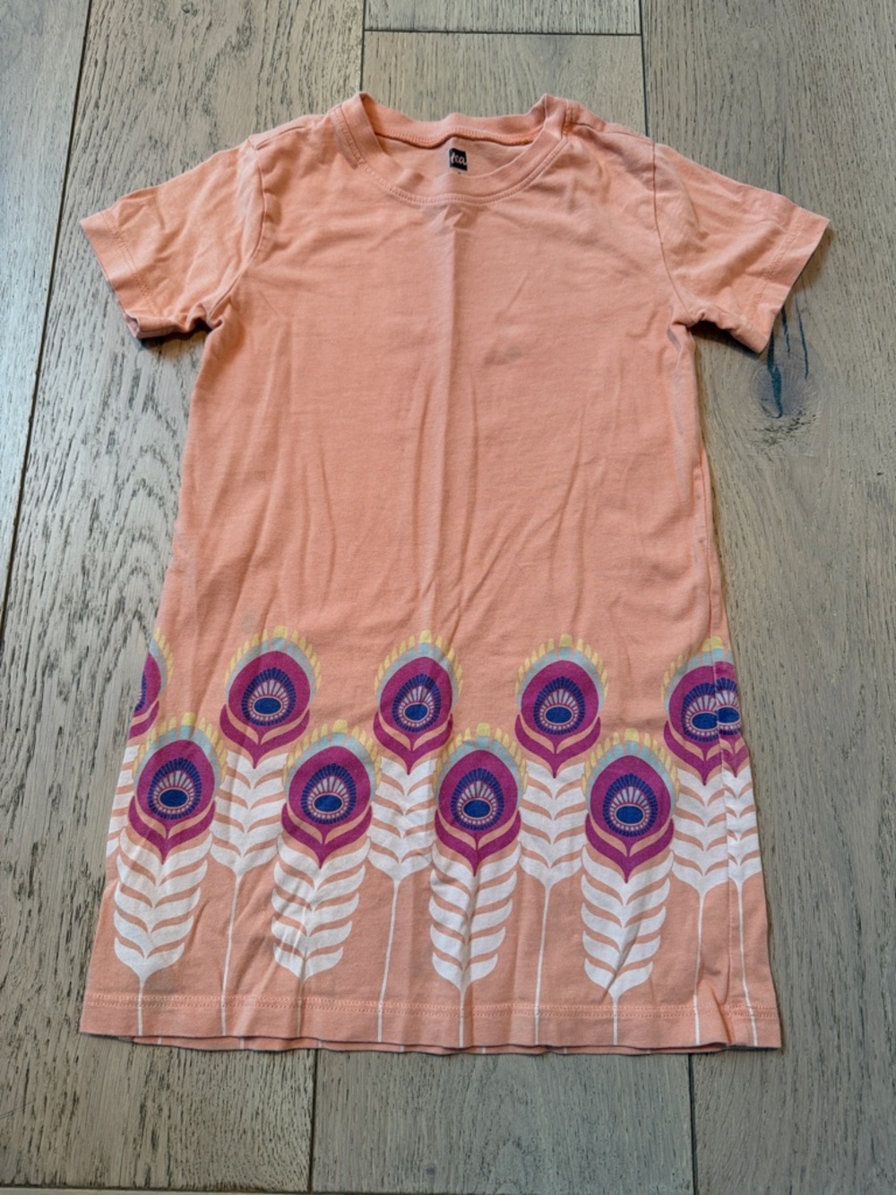 Tea Peach Floral Feather Print T-shirt Dress